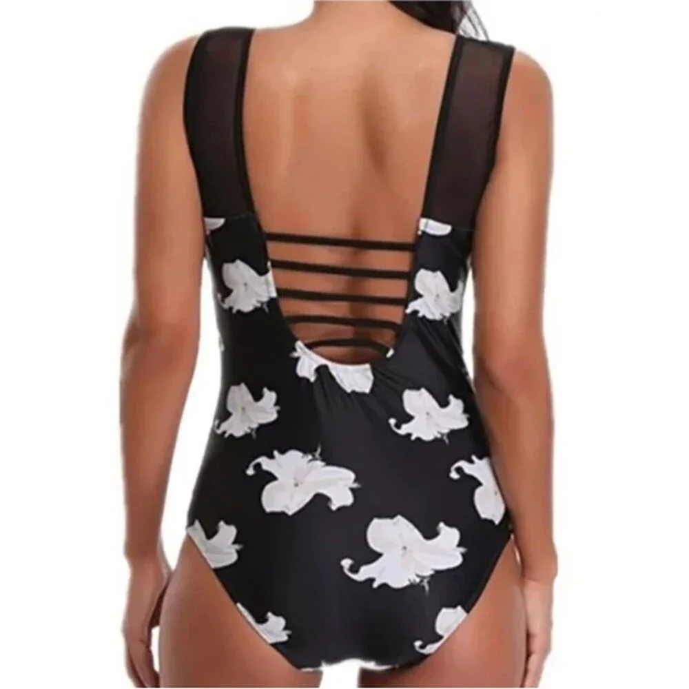 Albion Fit Maria One Piece Swimsuit Size Small Black Lily Mesh Floral UPF 45